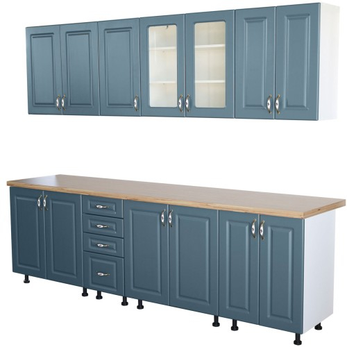 Bucatarie Zebra 260 cm din MDF Albastru cu blat termoizolant artar [3]