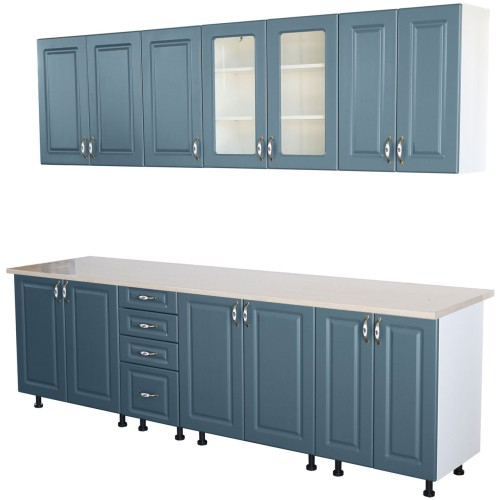 Bucatarie Zebra 260 cm din MDF Albastru cu blat termoizolant marmura travertin [3]