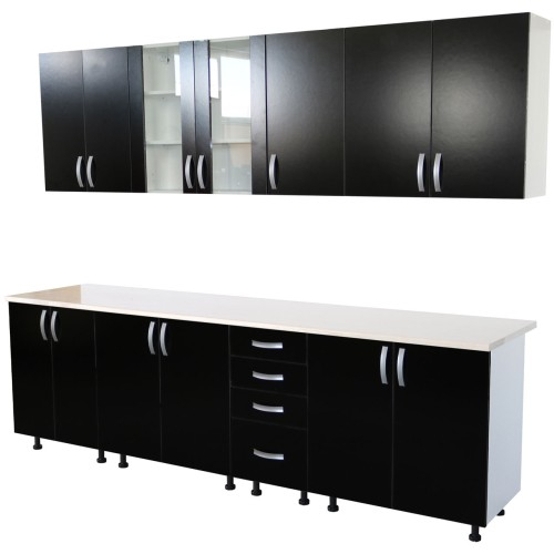 Bucatarie Zebra 260 cm din PAL Negru cu blat termoizolant alb/bej [3]