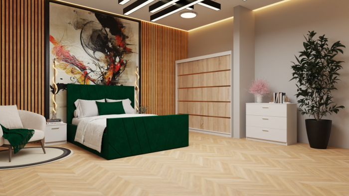 Dormitor cu pat Denis 160x200 Tapitat Stofa Verde cu dulap 200*200 usi glisante Sonoma&Alb, noptiere si comoda [1]