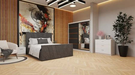 Dormitor Denis Tapitat Stofa Gri cu dulap 200*200 usi glisante Alb&Antracit cu Oglinda, noptiere si comoda [1]