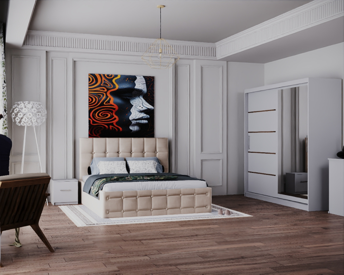 Dormitor King cu Pat Tapitat Stofa Bej cu dulap 200*200 usi glisante Alb cu Oglinda, noptiere si comoda [1]