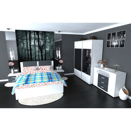 Dormitor Laguna cu pat 160x200 cu 2 sertare Alb cu Gri [13]