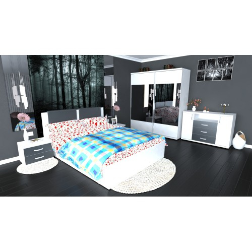 Dormitor Laguna cu pat 160x200 cu 2 sertare Alb cu Gri [14]