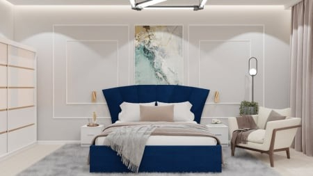 Dormitor Lion cu Pat Tapitat Stofa Albastru cu dulap 200*200 usi glisante Alb , noptiere si comoda [1]