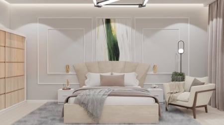 Dormitor Lion cu Pat Tapitat Stofa Bej cu dulap 200*200 usi glisante Sonoma , noptiere si comoda [1]