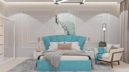 Dormitor Lion cu Pat Tapitat Stofa Turcoaz cu dulap 200*200 usi glisante Alb cu oglinda , noptiere si comoda [1]