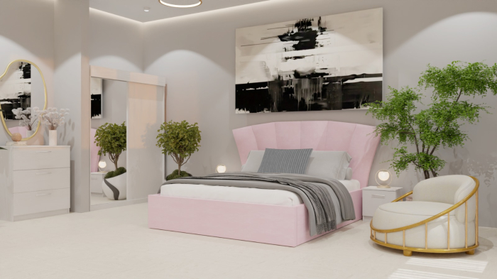 Dormitor Lion Tapitat Roz 2 Usi Alb cu Oglinda [1]