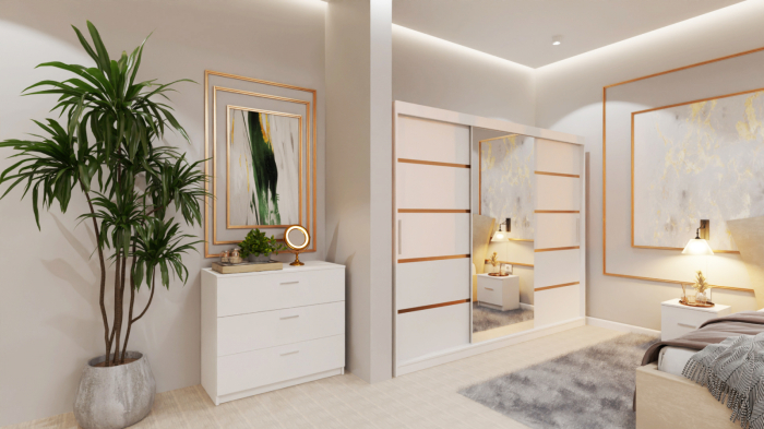 Dormitor Lion Tapitat Stofa Bej cu dulap 250*200 usi glisante Alb cu Oglinda, noptiere si comoda [2]