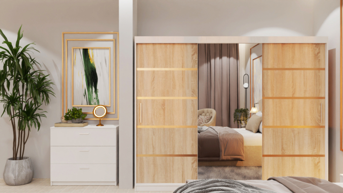 Dormitor Lion Tapitat Stofa Bej cu dulap 250*200 usi glisante Alb&Sonoma cu Oglinda, noptiere si comoda [2]