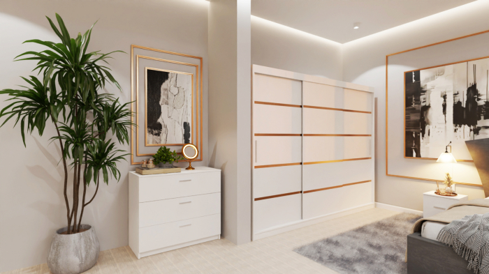 Dormitor Lion Tapitat Stofa Gri cu dulap 250*200 usi glisante Alb, noptiere si comoda [2]