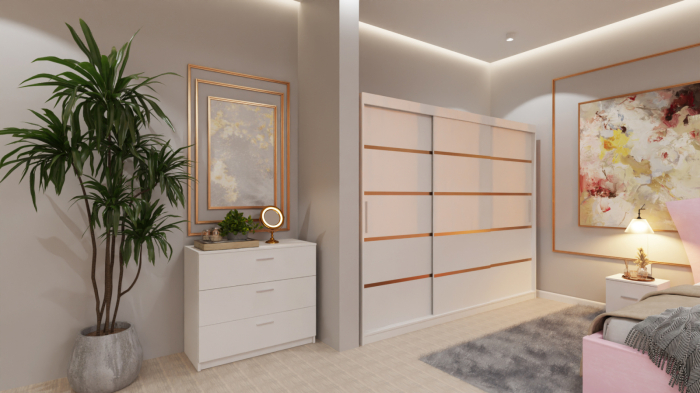 Dormitor Lion Tapitat Stofa Roz cu dulap 250*200 usi glisante Alb, noptiere si comoda [2]