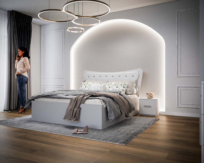 Dormitor Vika cu Pat Tapitat Alb cu dulap 200*200 usi glisante Alb cu Oglinda, noptiere si comoda [1]