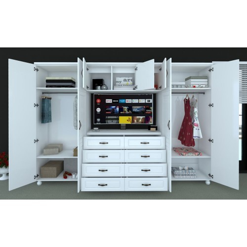 Dulap Dynasty Dormitor Alb 7 usi si 8 sertare cu spatiu pentru televizor [11]