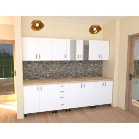 Mobilier Bucatarie - Bucatarie Alfa 2.6 metri PAL alb cu blat Artar