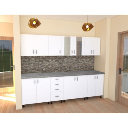 Mobilier Bucatarie - Bucatarie Alfa 2.6 metri PAL alb cu blat Beton