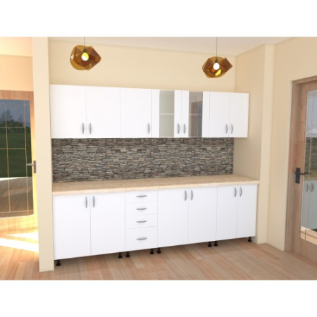 Bucatarii Set - Bucatarie Alfa 2.6 metri PAL alb cu blat Travertin