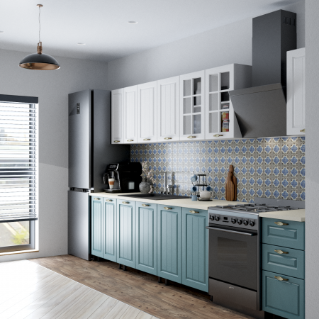 Bucatarii Set - Bucatarie Madrid 2.6m alb/bleu MDF