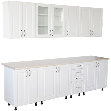 Mobilier Bucatarie - Bucatarie Zebra 260 cm din MDF Alb Lucios cu blat termoizolant imitatie Alb / Bej