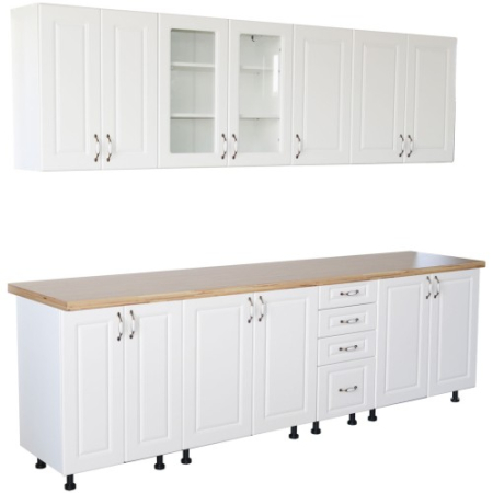 Bucatarii Set - Bucatarie Zebra 260 cm din MDF Alb Lucios cu blat termoizolant imitatie crem