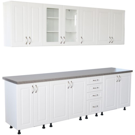 Bucatarii Set - Bucatarie Zebra 260 cm din MDF Alb Lucios cu blat termoizolant imitatie gri