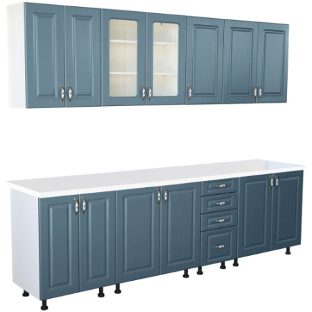 Bucatarii Set - Bucatarie Zebra 260 cm din MDF Albastru cu blat termoizolant alb