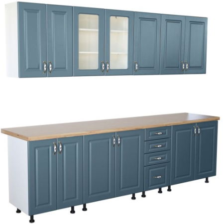 Bucatarii Set - Bucatarie Zebra 260 cm din MDF Albastru cu blat termoizolant artar