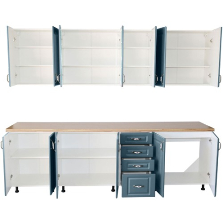 Bucatarie Zebra 260 cm din MDF Albastru cu blat termoizolant artar [1]