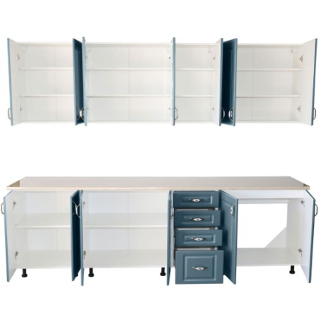 Bucatarie Zebra 260 cm din MDF Albastru cu blat termoizolant marmura travertin [3]