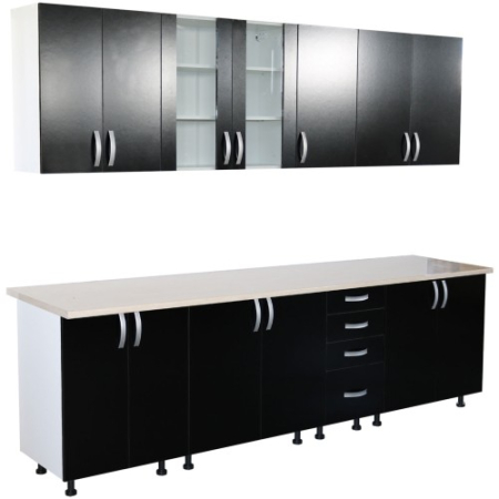 Bucatarii Set - Bucatarie Zebra 260 cm din PAL Negru cu blat termoizolant alb/bej