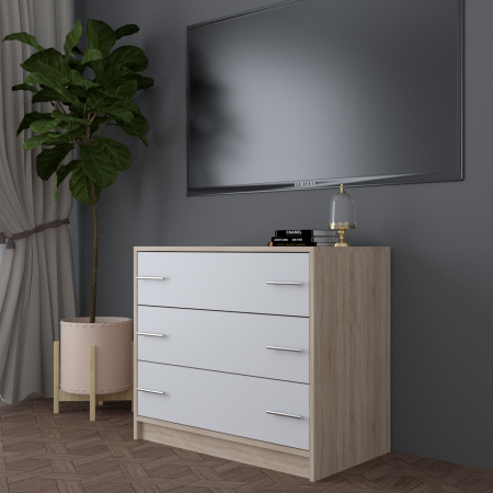 Mobilier Living - Comoda 3 sertare, Ikoma, Alb / Sonoma, 80x45x70 cm