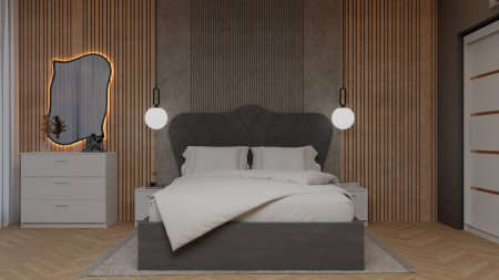 Colectii Dormitor - Dormitor Berlin Pat Tapitat Dressing 200x200 Alb Cu Oglinda