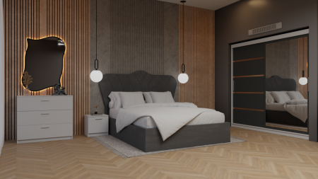 Colectii Dormitor - Dormitor Berlin Pat Tapitat Dressing 200x200 Alb&Gri Antracit Cu Oglinda