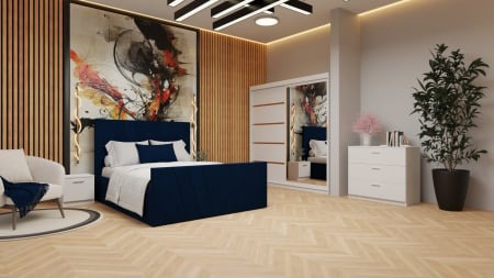 Colectii Dormitor - Dormitor Denis Tapitat Stofa Albastra cu dulap 200*200 usi glisante Alb, Cu Oglinda, noptiere si comoda