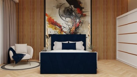 Colectii Dormitor - Dormitor Denis Tapitat Stofa Albastra cu dulap 200*200 usi glisante Alb, noptiere si comoda