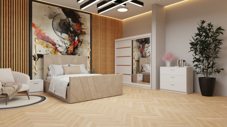 Mobilier Dormitor - Dormitor Denis Tapitat Stofa Bej cu dulap 200*200 usi glisante Alb cu Oglinda, noptiere si comoda