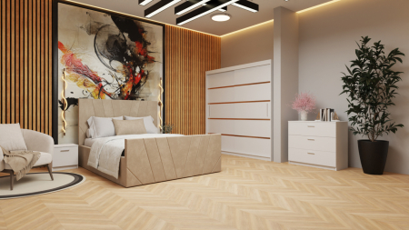Mobilier Dormitor - Dormitor Denis Tapitat Stofa Bej cu dulap 200*200 usi glisante Alb, noptiere si comoda