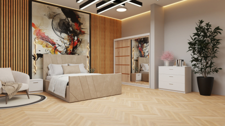 Mobilier Dormitor - Dormitor Denis Tapitat Stofa Bej cu dulap 200*200 usi glisante Sonoma&Alb, Cu Oglinda, noptiere si comoda