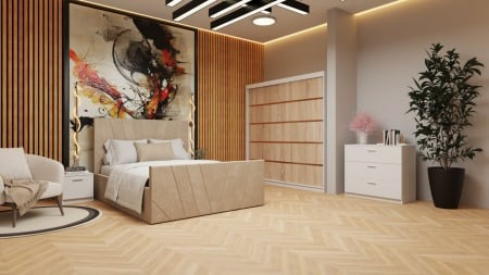 Colectii Dormitor - Dormitor Denis Tapitat Stofa Bej cu dulap 200*200 usi glisante Sonoma&Alb, noptiere si comoda