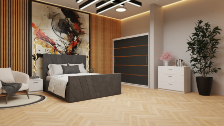 Mobilier Dormitor - Dormitor Denis Tapitat Stofa Gri cu dulap 200*200 usi glisante Alb&Antracit, noptiere si comoda