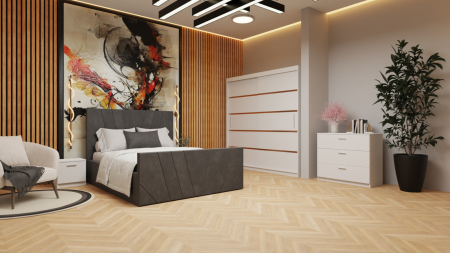 Mobilier Dormitor - Dormitor Denis Tapitat Stofa Gri cu dulap 200*200 usi glisante Alb, noptiere si comoda