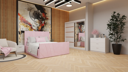 Mobilier Dormitor - Dormitor Denis Tapitat Stofa Roz cu dulap 200*200 usi glisante Alb cu Oglinda, noptiere si comoda