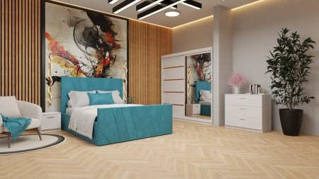 Colectii Dormitor - Dormitor Denis Tapitat Stofa Turcoaz cu dulap 200*200 usi glisante Alb cu Oglinda, noptiere si comoda