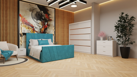 Mobilier Dormitor - Dormitor Denis Tapitat Stofa Turcoaz cu dulap 200*200 usi glisante Alb, noptiere si comoda