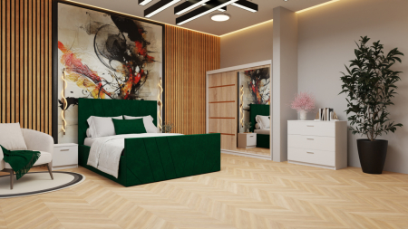Mobilier Dormitor - Dormitor Denis Tapitat Stofa Verde cu dulap 200*200 usi glisante Sonoma&Alb,Cu Oglinda, noptiere si comoda
