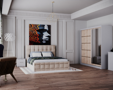 Dormitoare Set - Dormitor King cu Pat Tapitat Stofa Bej cu dulap 200*200 usi glisante Sonoma&Alb cu Oglinda, noptiere si comoda