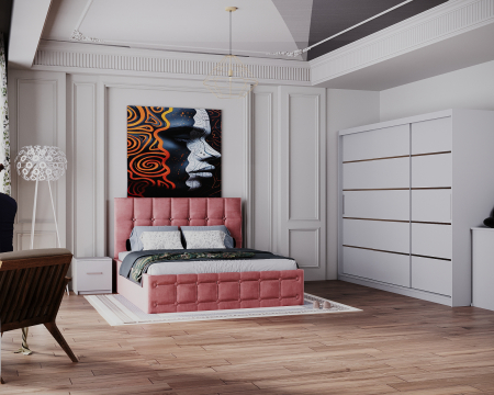 Dormitoare Set - Dormitor King cu Pat Tapitat Stofa Roz cu dulap 250*200 usi glisante Alb, noptiere si comoda