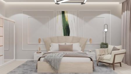 Colectii Dormitor - Dormitor Lion cu Pat Tapitat Stofa Bej cu dulap 200*200 usi glisante Alb cu oglinda , noptiere si comoda