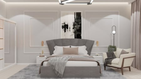 Colectii Dormitor - Dormitor Lion cu Pat Tapitat Stofa Gri cu dulap 200*200 usi glisante Alb cu oglinda , noptiere si comoda