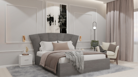 Mobilier Dormitor - Dormitor Lion cu Pat Tapitat Stofa Gri cu dulap 200*200 usi glisante Antracit&Alb , noptiere si comoda